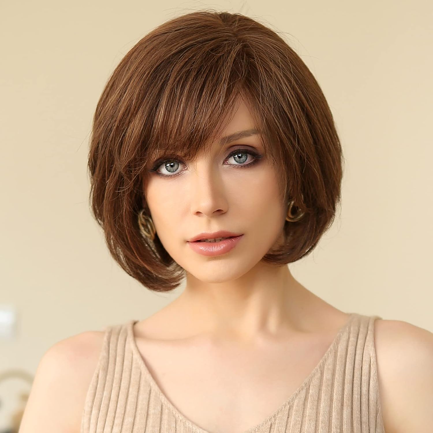 Brown Short Layered Wavy Bob Human Hair Wig