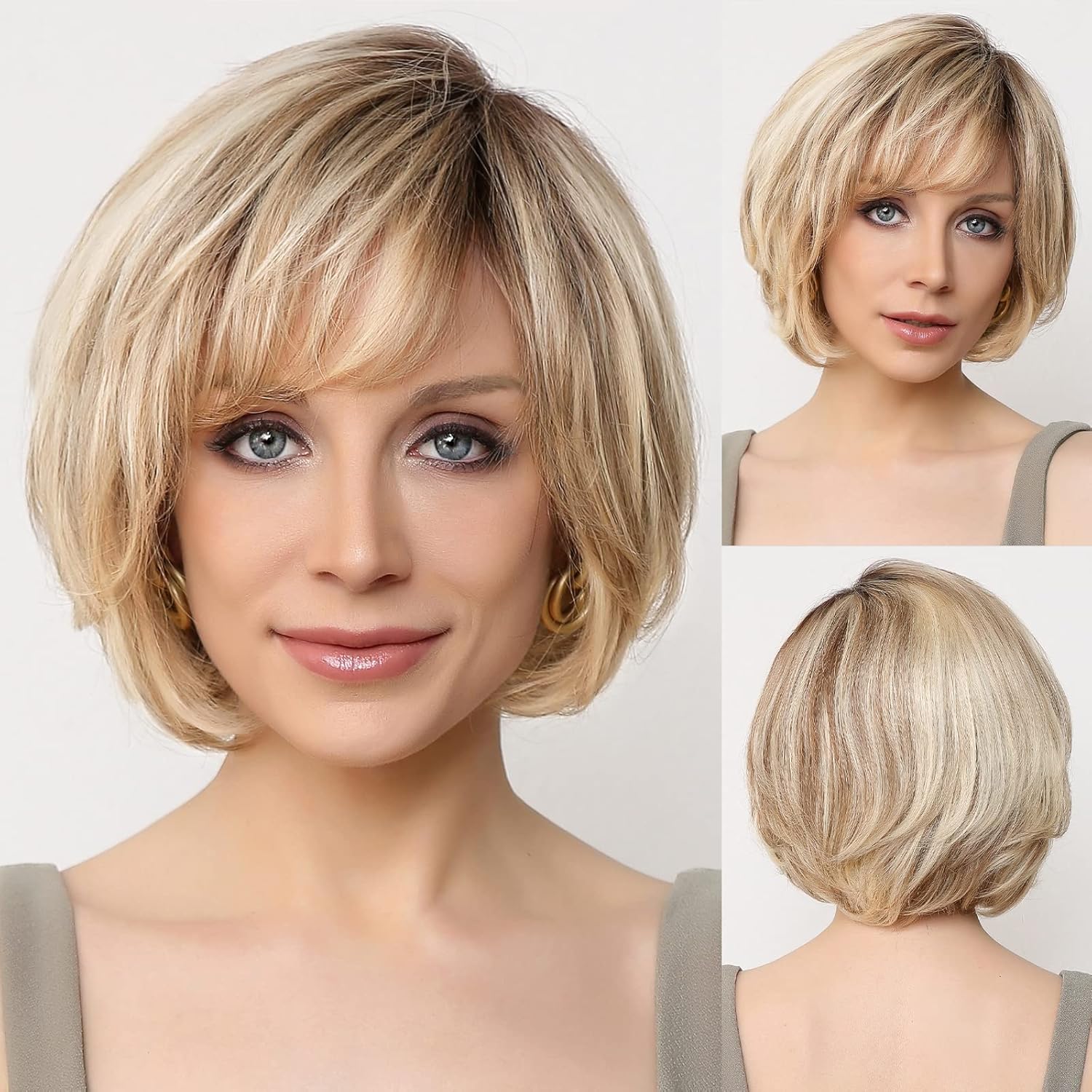 Balayage Blonde Brown Short Layered Wavy Bob Human Hair Wig