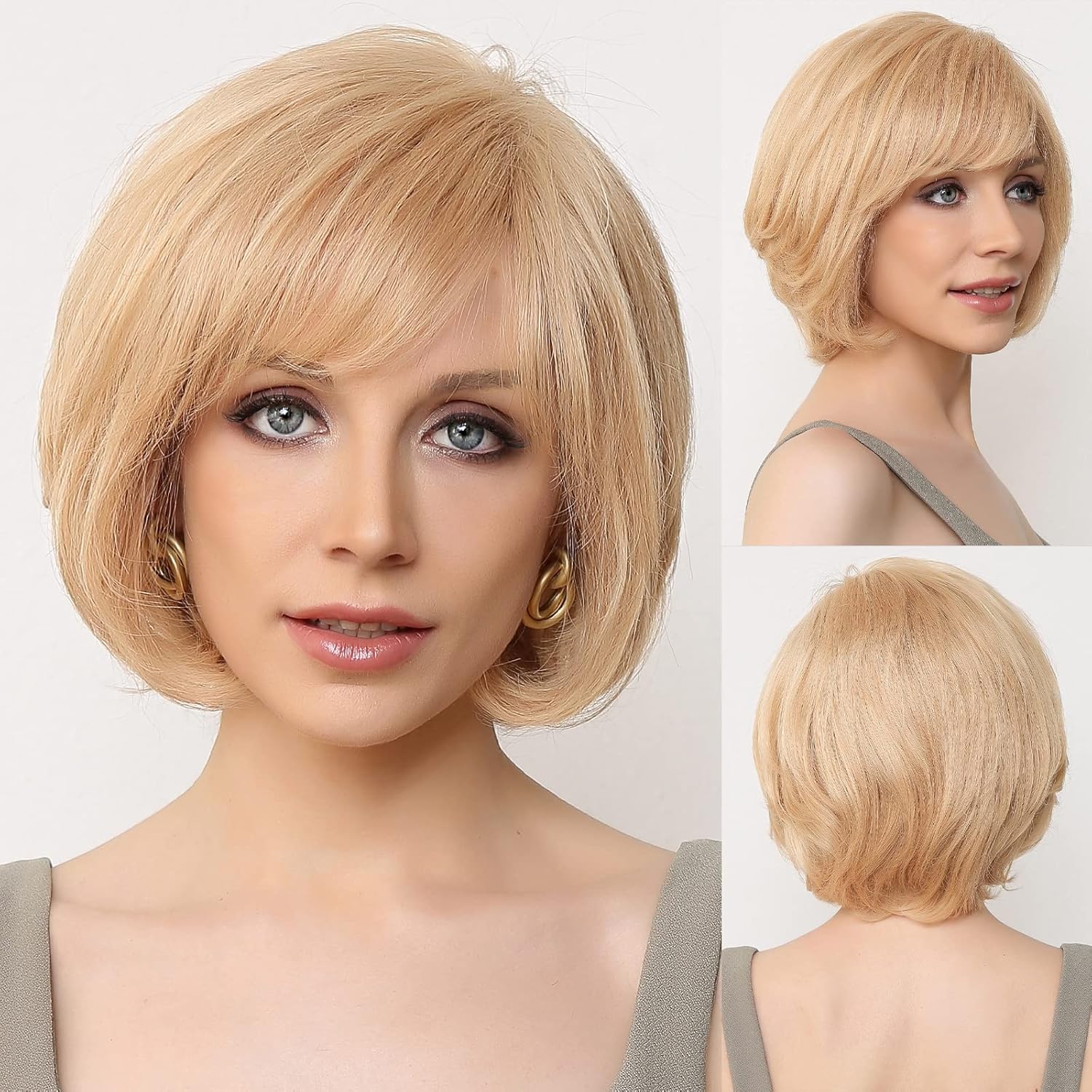 Champagne Blonde Short Layered Wavy Bob Human Hair Wig